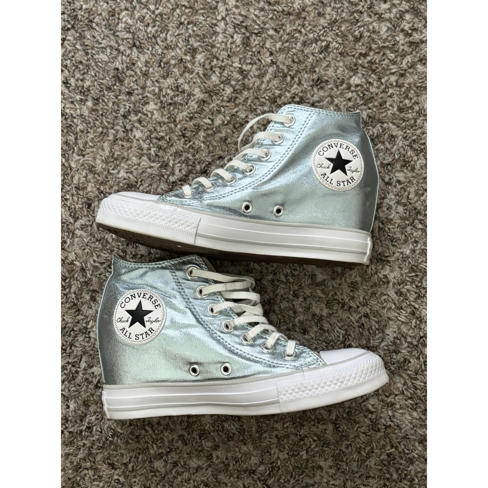 Converse Chuck Taylor All Star Lux High Silver Metallic Lift Wedge Sz 6.5 Shoes